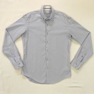 Zara Man Slim Fit 100% Cotton Dress Shirt Light Blue Button Up Contrast Trim